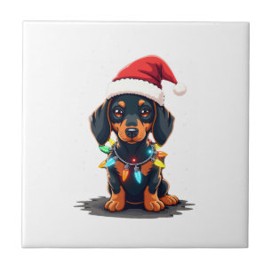 Dachshund Weihnachtslichter Weihnachtsmann Hut Wei Fliese