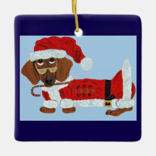 Dachshund Weihnachtsmann mit einem Zuckerrohr Keramikornament