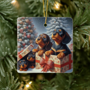 Dachshund-Welpe personalisierter Keramik-Christbau Keramikornament