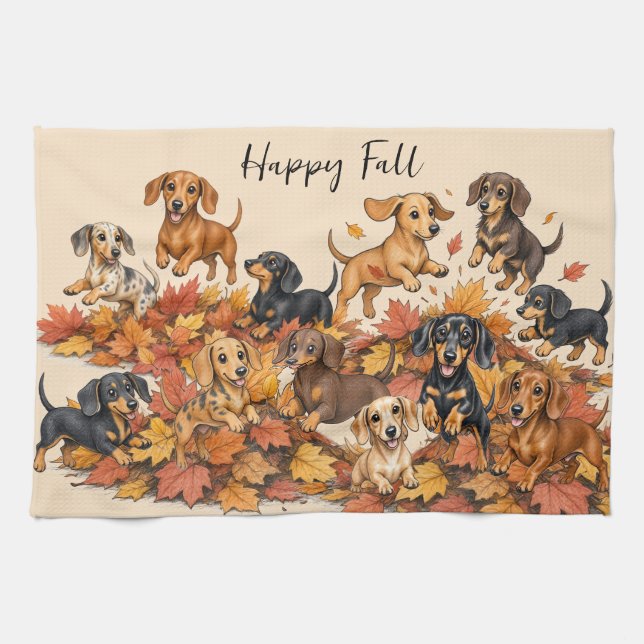 Dachshund-Welpen im Herbst  Geschirrtuch (Horizontal)