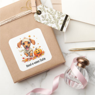 Dachshund-Welpen-Mumie-Halloween-Aquarell Quadratischer Aufkleber