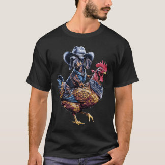 Dachshund Wiener Cowboy reitet auf einem Huhn für  T-Shirt
