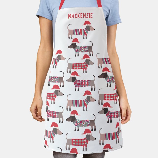 Dachshund Wurst Hund Personalisierter Feiertag Schürze (Fun Dachshund wiener sausage dog pattern personalized holiday apron)
