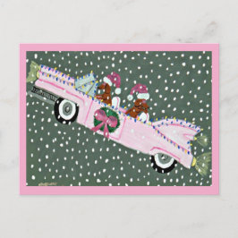 Dachshunde an Weihnachten in einem rosa Cabrio Postkarte