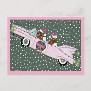 Dachshunde an Weihnachten in einem rosa Cabrio Postkarte