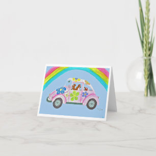 Dachshunde in einem Hippie-Auto unter einem Regenb Einladung