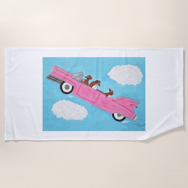 Dachshunde in einem rosa Cabrio-Auto Strandtuch (Vorderseite)