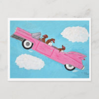 Dachshunde in einem rosa Cabrio im Himmel