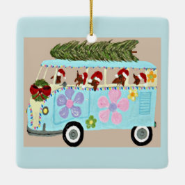 Dachshunde in ihrem Weihnachts-Hippie-Van Keramikornament