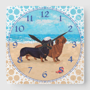 Dachshunds am Strand Quadratische Wanduhr