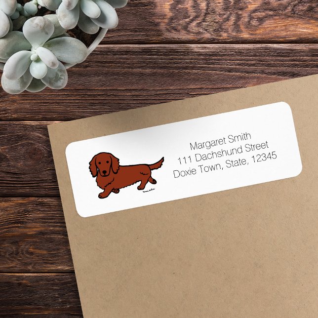 DACKEL 1 (Red Long Haired Dachshund Return Address Label featuring Walking Dachshund.  Cute Cartoon Design.)