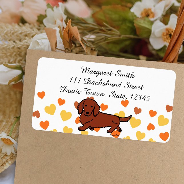 DACKEL 1 ADRESSAUFKLEBER (Red Long Haired Dachshund Return Address Label featuring Dachshund Walking.  Cute Cartoon Design.)