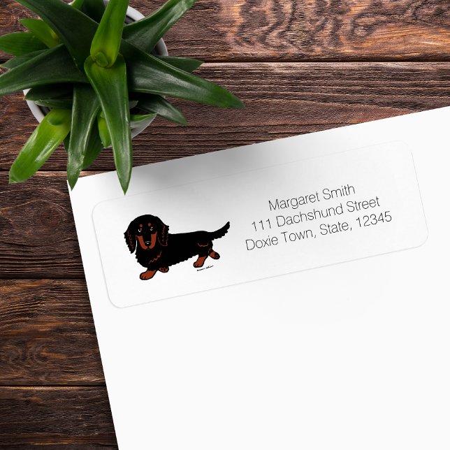 Dackel 1, schwarz und Tan, lang haariert (Black and Tan Long Haired Dachshund Return Address Label featuring Doxie walking.  Cartoon Design.)
