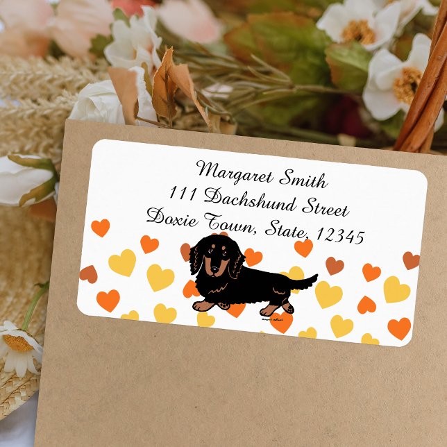 Dackel 1, schwarz und Tan, lang haariert Adressaufkleber (Black and Tan Long Haired Dachshund Return Address Label featuring Dachshund Walking.  Cartoon.)