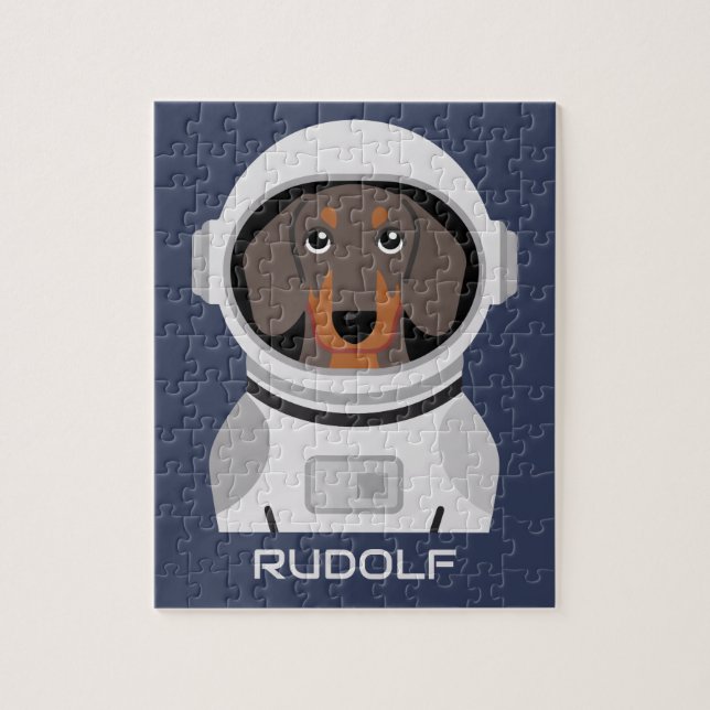 Dackel Astronaut mit Namen Puzzle (Vertikal)