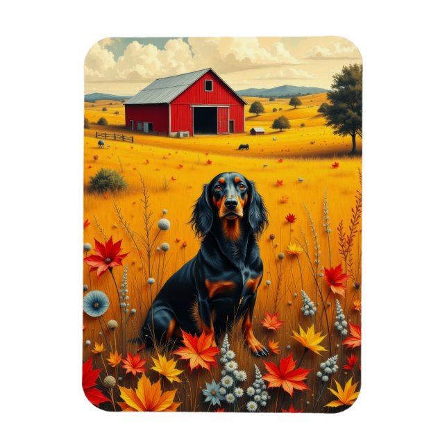Dackel auf dem Bauernhof im Herbst Magnet (Vertikal)