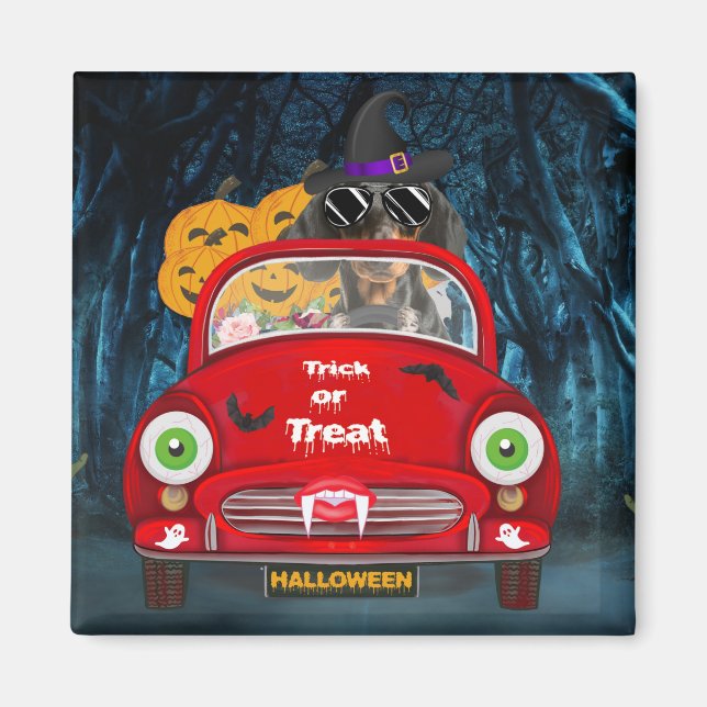 Dackel Autofahren Auto Beängstigend Halloween Magnet (Vorne)