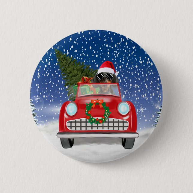Dackel Autofahren Auto im Schnee Weihnachten Button (Vorderseite)