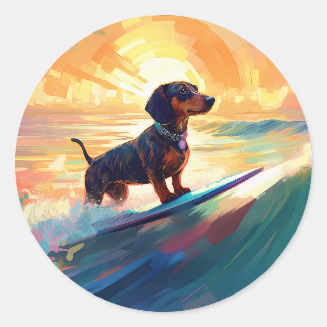 Dackel Beach Surf Malerei Runder Aufkleber (Vorderseite)