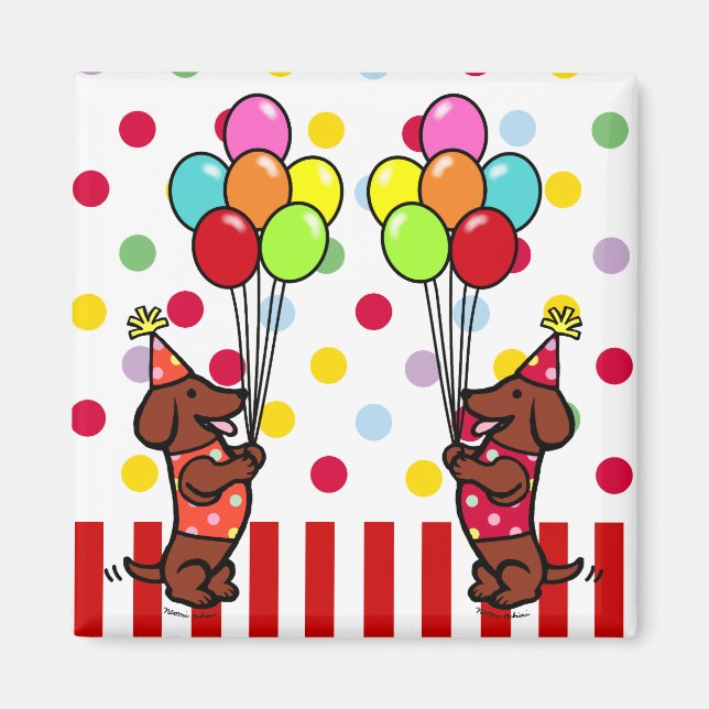 Dackel Birthday Cartoon Balloons Magnet (Vorne)