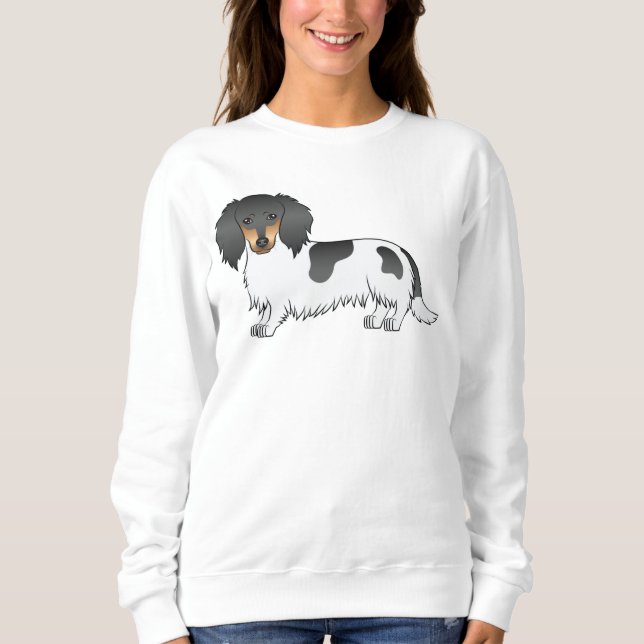Dackel Black and Tan Piebald Long Hair Hund Sweatshirt (Vorderseite)