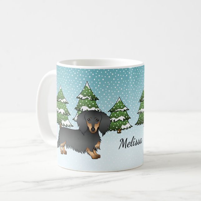 Dackel Black & Tan Long Hair - Winterwald Kaffeetasse (Vorderseite Links)