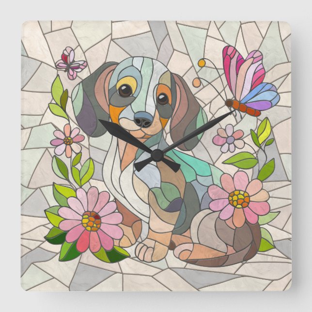 Dackel - Dackel - farbiges Mosaik Quadratische Wanduhr (Vorderseite)