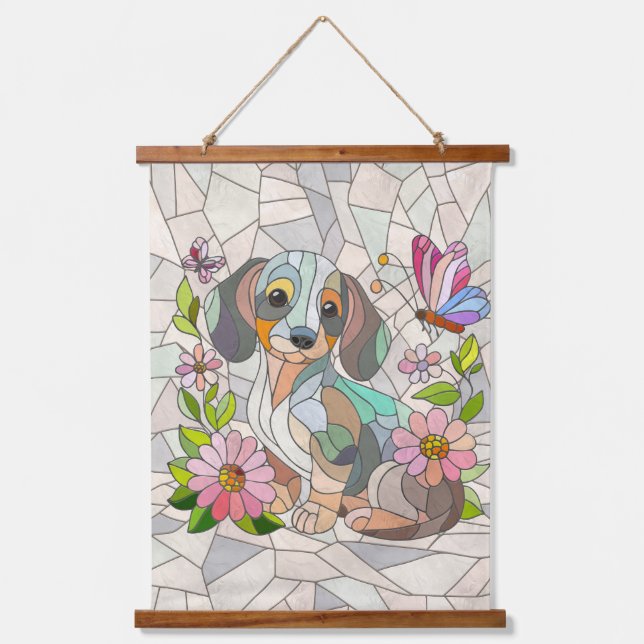 Dackel - Dackel - farbiges Mosaik Wandteppich Mit Holzrahmen (Vorderseite)