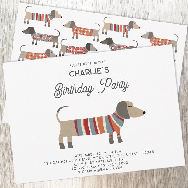Dackel Dackel Wurst Hund Geburtstagsparty Einladung (Fun Dachshund Wiener Sausage Dog personalized custom text birthday party invitation)