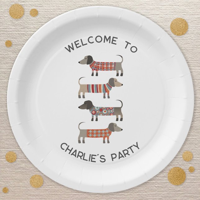 Dackel Dackel Wurst Hund Personalisiert Pappteller (Cute personalized name and message Dachshund Wiener Sausage dog party paper plates)