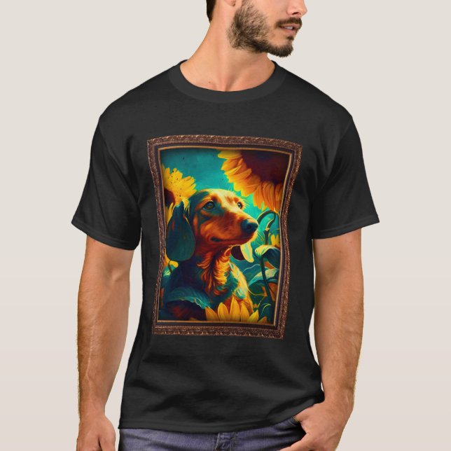 Dackel Dackel Würstchen Malerei Sonnenblumen Blume T-Shirt (Vorderseite)