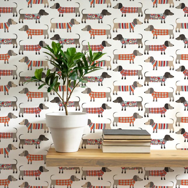 Dackel Dackel Wursthund Tapete (Fun Dachshund Wiener Sausage Dogs in sweaters pattern peel and stick wallpaper)