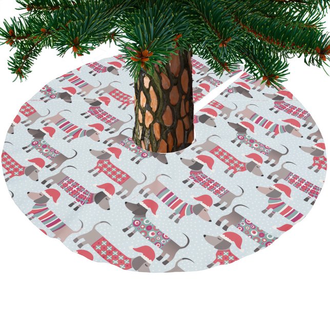 Dackel Dackel Wursthunde in Weihnachtshütten Polyester Weihnachtsbaumdecke (Fun Dachshund dogs in Santa hats festive Christmas tree skirt)