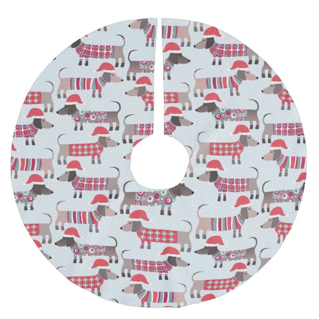 Dackel Dackel Wursthunde in Weihnachtshütten Polyester Weihnachtsbaumdecke (Vorderseite)