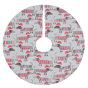 Dackel Dackel Wursthunde in Weihnachtshütten Polyester Weihnachtsbaumdecke