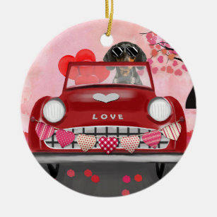 Dackel Dog Autofahren Auto mit Herz Valentin Keramik Ornament