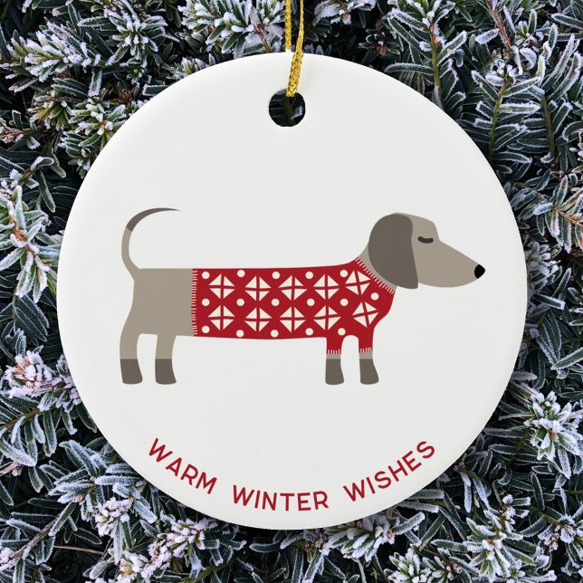 Dackel Dog Fun Keramik Ornament (Ceramic ornament featuring festive Dachshund Sausage Wiener Dog in red and white knitwear)