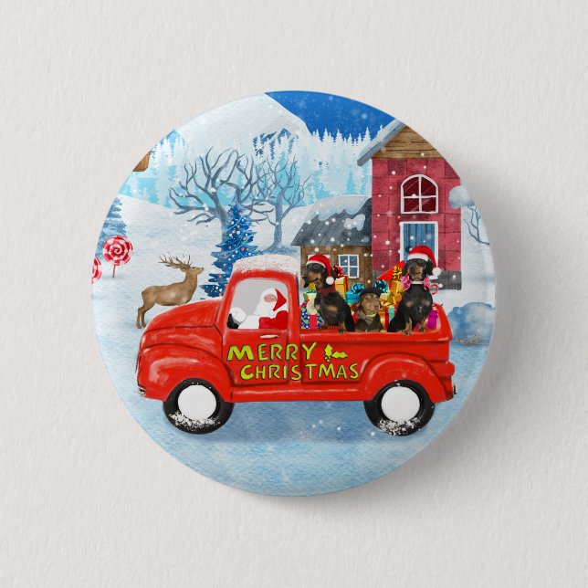 Dackel Dog in Christmas Delivery LKW Schnee Button (Vorderseite)