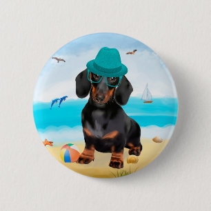 Dackel Dog on Beach Button