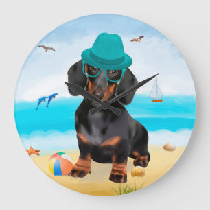 Dackel Dog on Beach Große Wanduhr