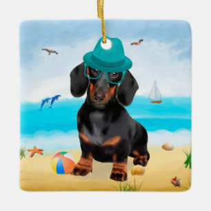 Dackel Dog on Beach Keramikornament