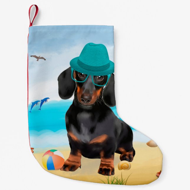 Dackel Dog on Beach Kleiner Weihnachtsstrumpf (Vorderseite)