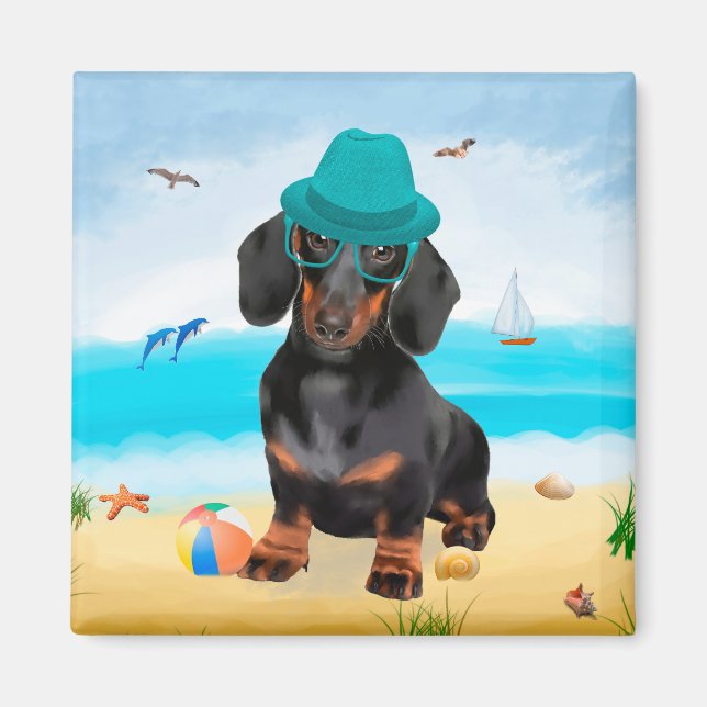 Dackel Dog on Beach Magnet (Vorne)