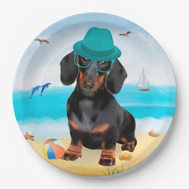 Dackel Dog on Beach Pappteller (Vorderseite)