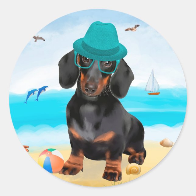 Dackel Dog on Beach Runder Aufkleber (Vorderseite)