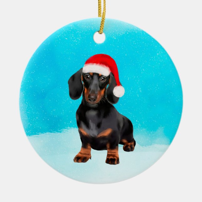 Dackel Dog On Beach Weihnachtshut Keramik Ornament (Vorne)
