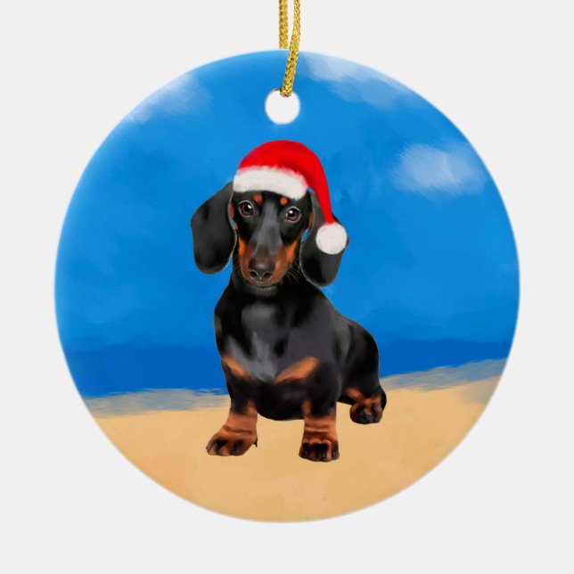 Dackel Dog On Beach Weihnachtshut Keramik Ornament (Vorne)