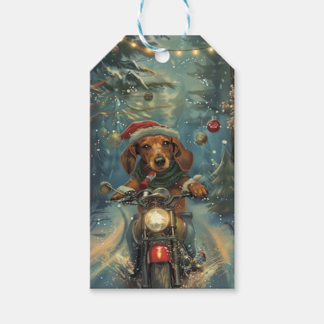 Dackel Dog Riding Motorrad Weihnachten Geschenkanhänger (Vorderseite)