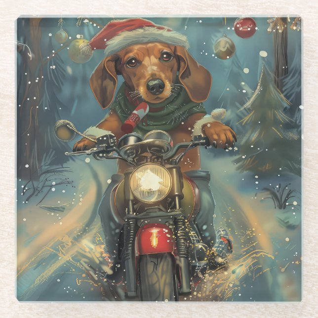 Dackel Dog Riding Motorrad Weihnachten Glasuntersetzer (Vorderseite)