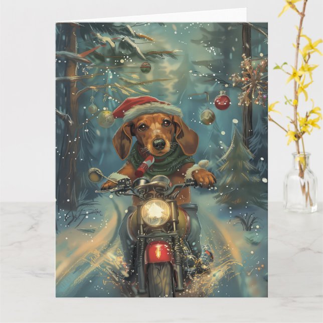 Dackel Dog Riding Motorrad Weihnachten Karte (Gelbe Blume)